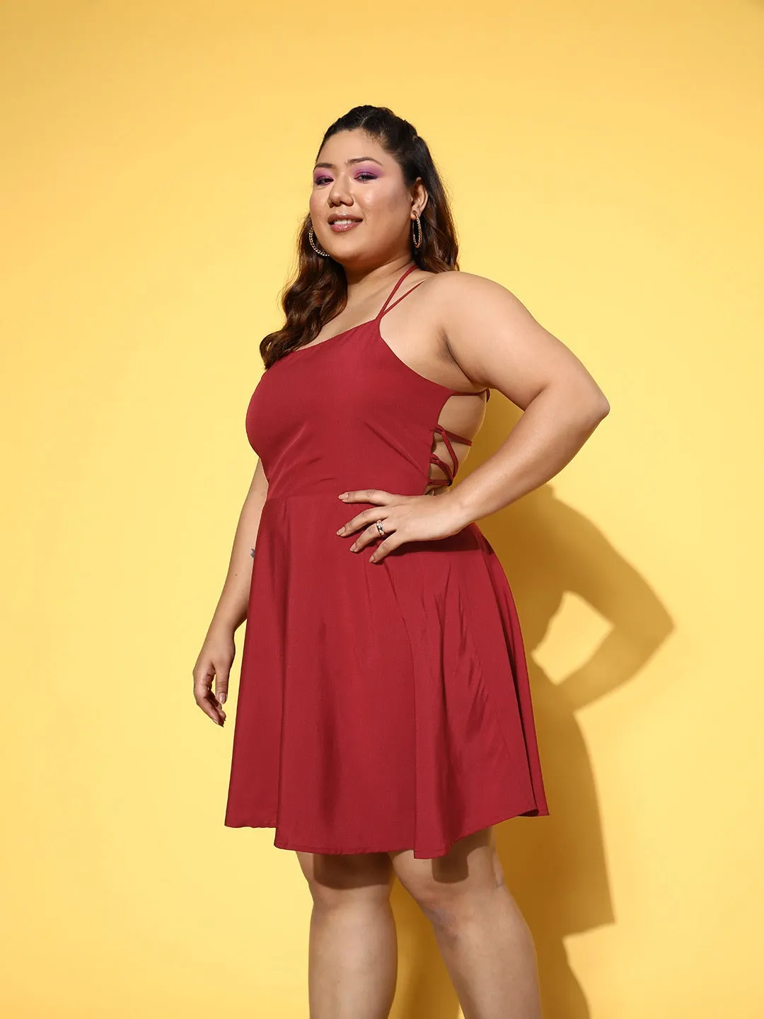 Berrylush Women Plus Size Solid Red Square Neck Tie-Up Caged Back Crepe Fit & Flare Mini Dress