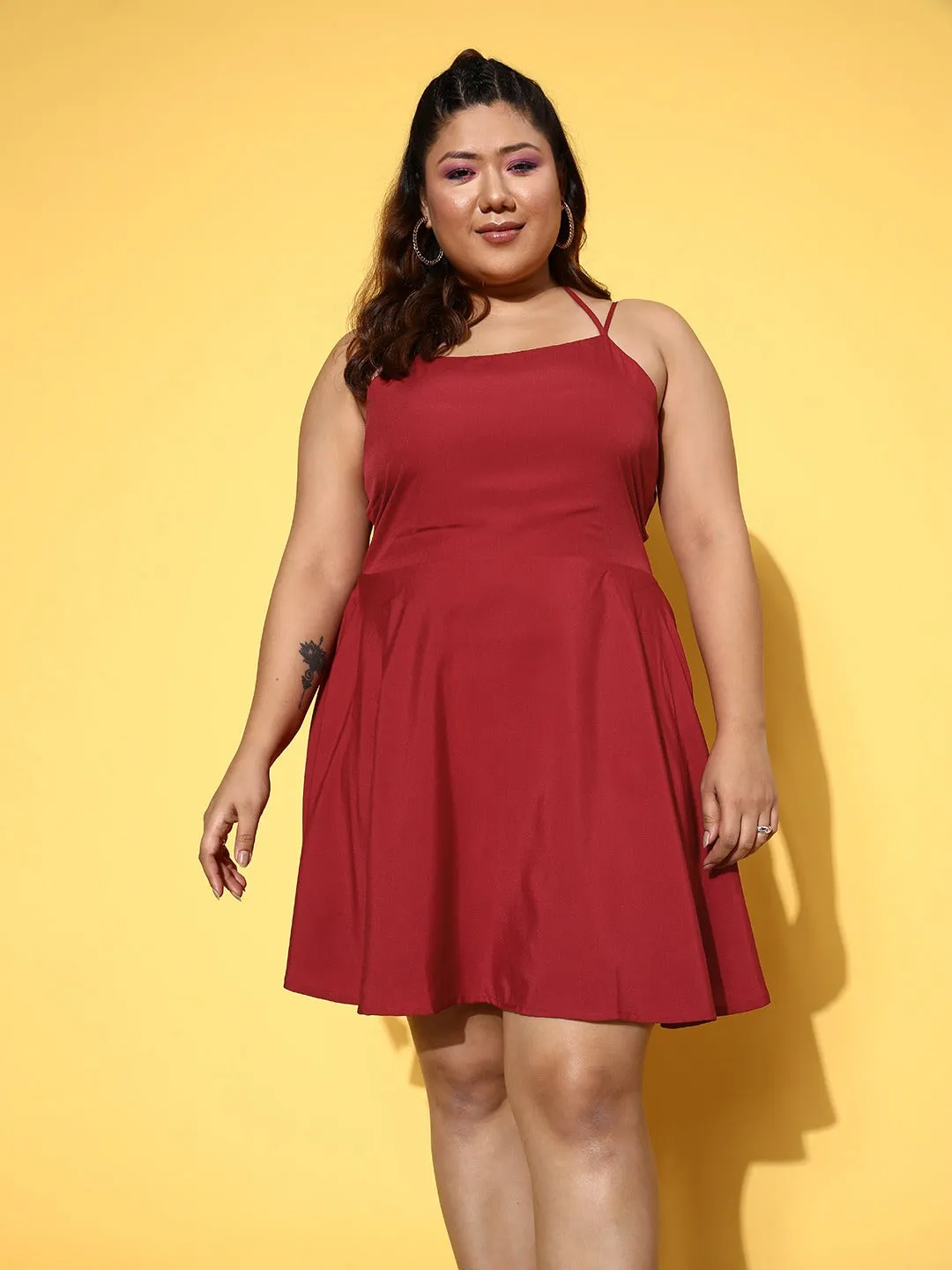 Berrylush Women Plus Size Solid Red Square Neck Tie-Up Caged Back Crepe Fit & Flare Mini Dress