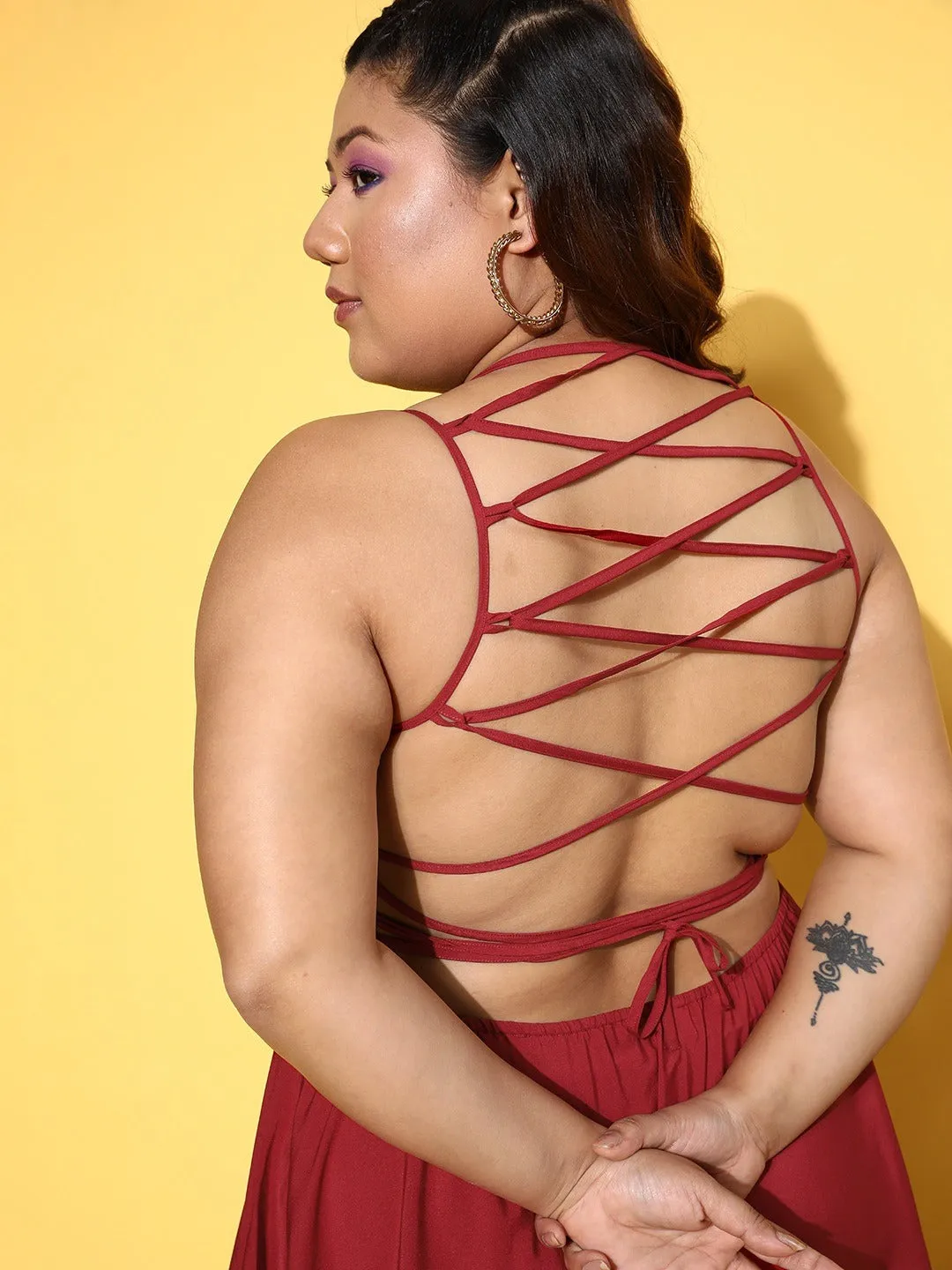 Berrylush Women Plus Size Solid Red Square Neck Tie-Up Caged Back Crepe Fit & Flare Mini Dress