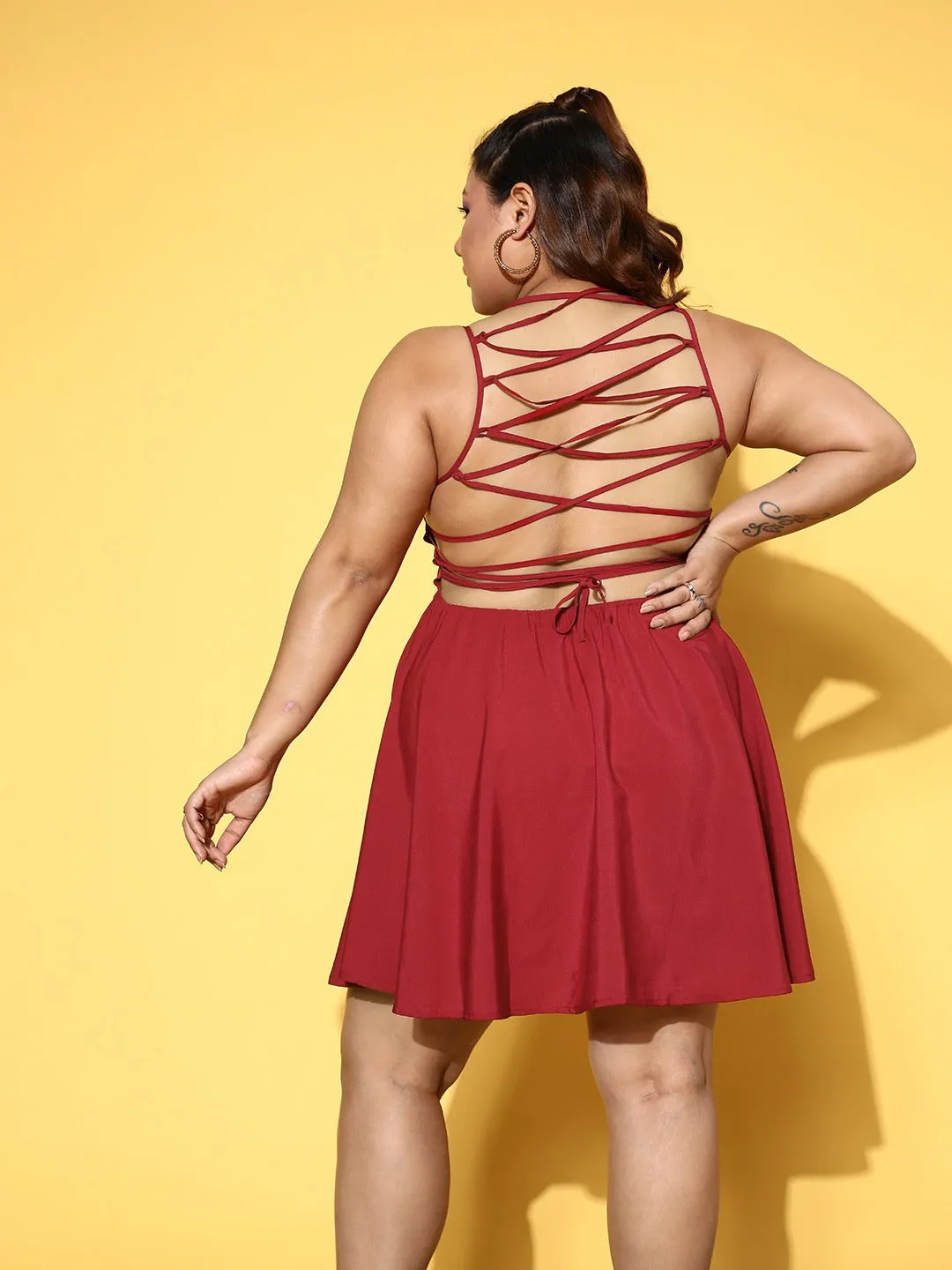 Berrylush Women Plus Size Solid Red Square Neck Tie-Up Caged Back Crepe Fit & Flare Mini Dress