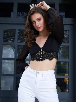 Berrylush Women Solid Black V-Neck Bishop Sleeves Button-Up Lace Cropped Top