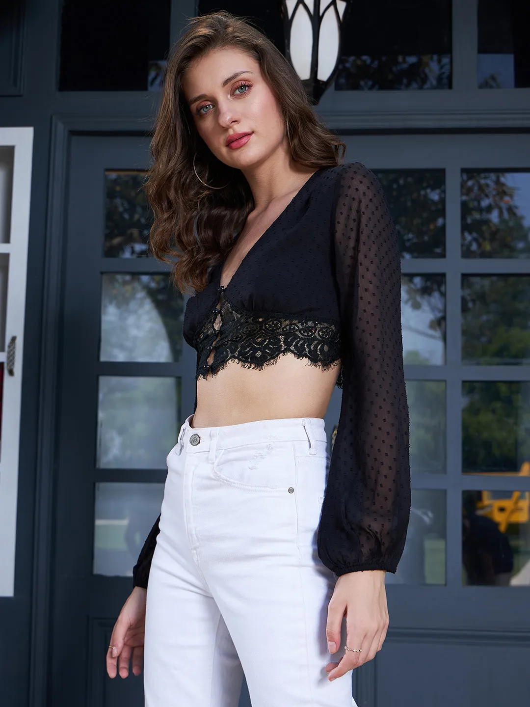 Berrylush Women Solid Black V-Neck Bishop Sleeves Button-Up Lace Cropped Top