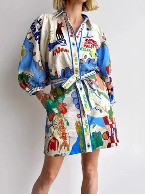 Bev's Linen Graffiti Print Lace-Up Mini Shirt Dress