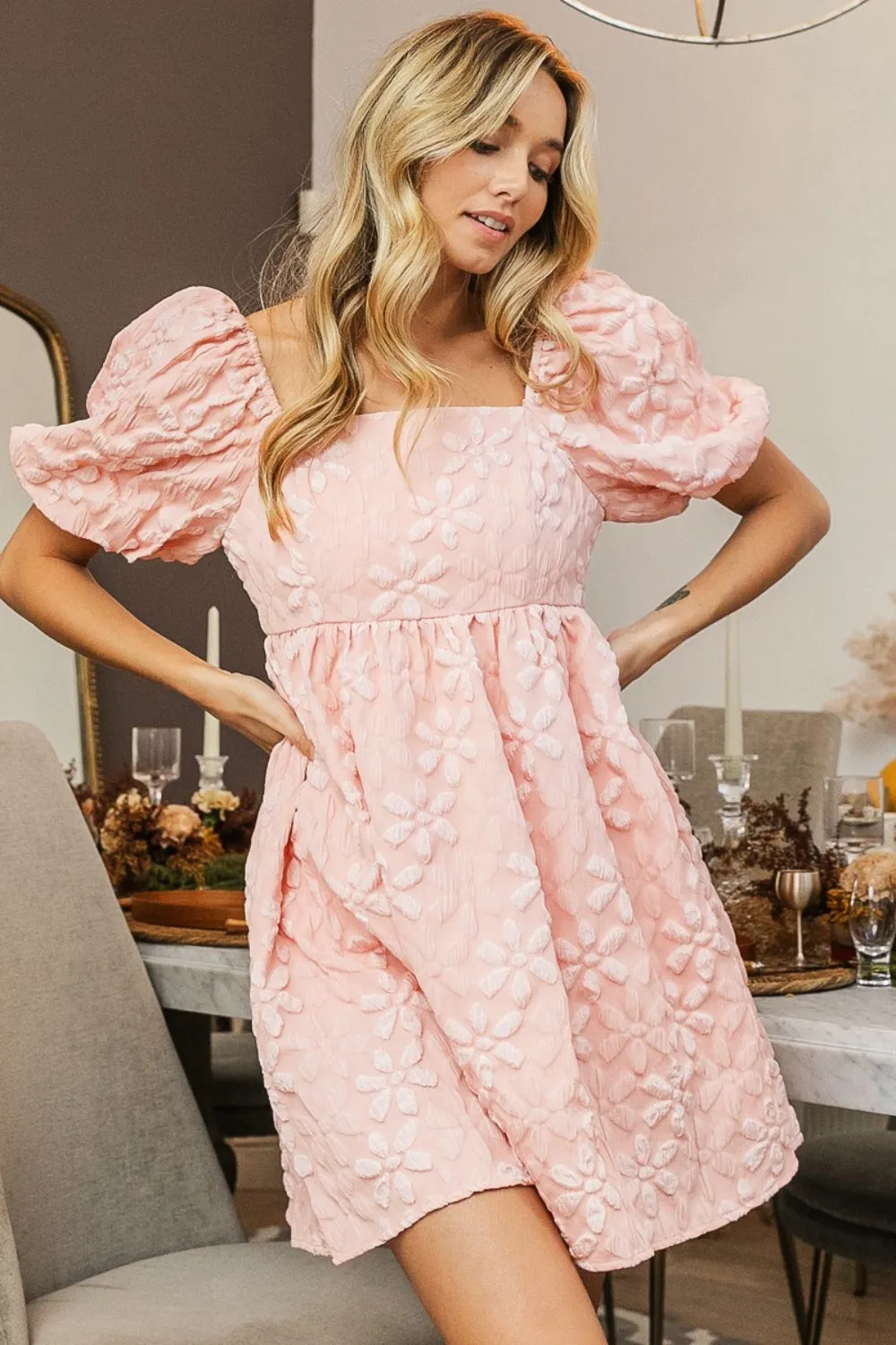 BiBi Blush Floral Puffy Sleeve Dress