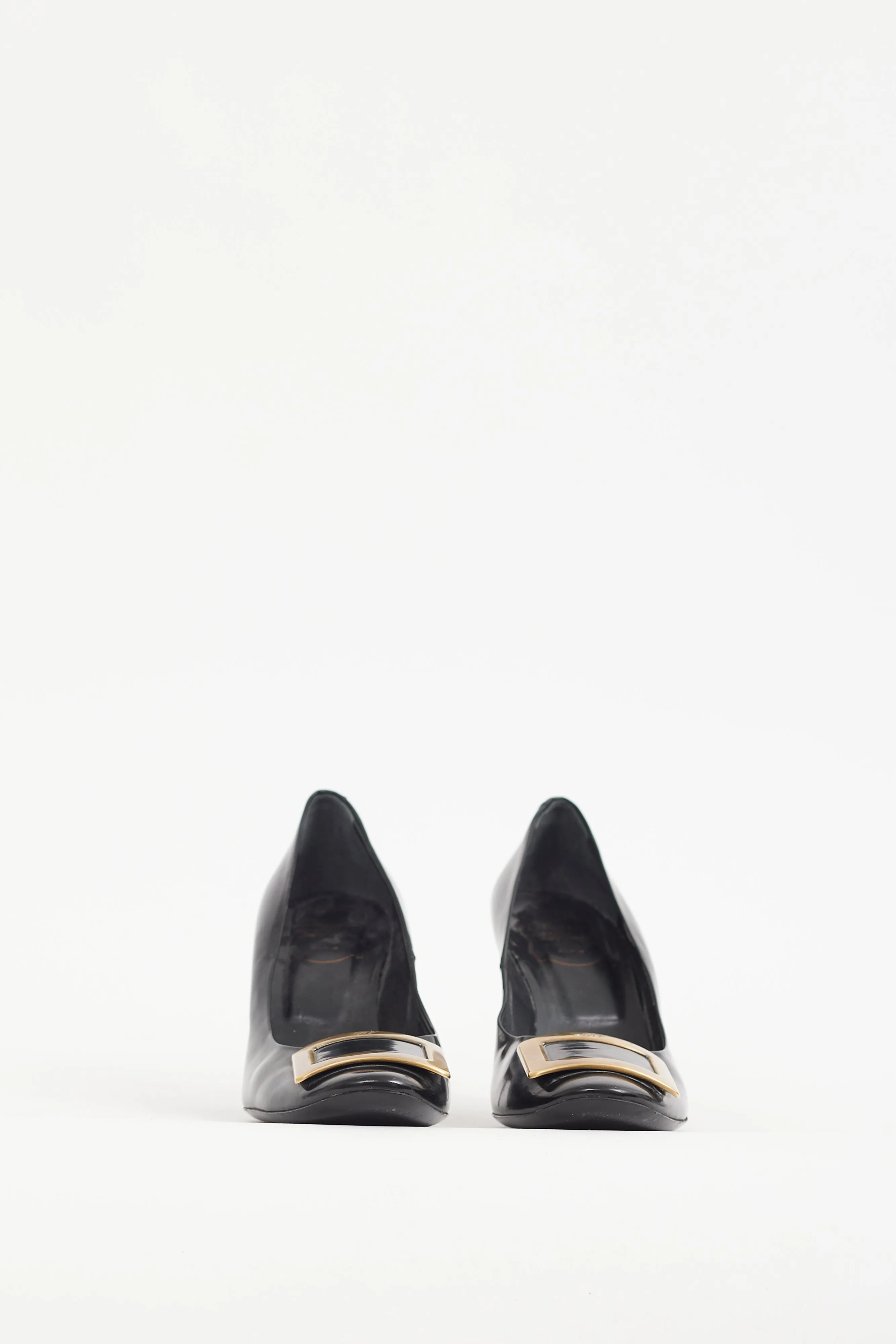 Black & Gold Buckle Leather Trompette Pump