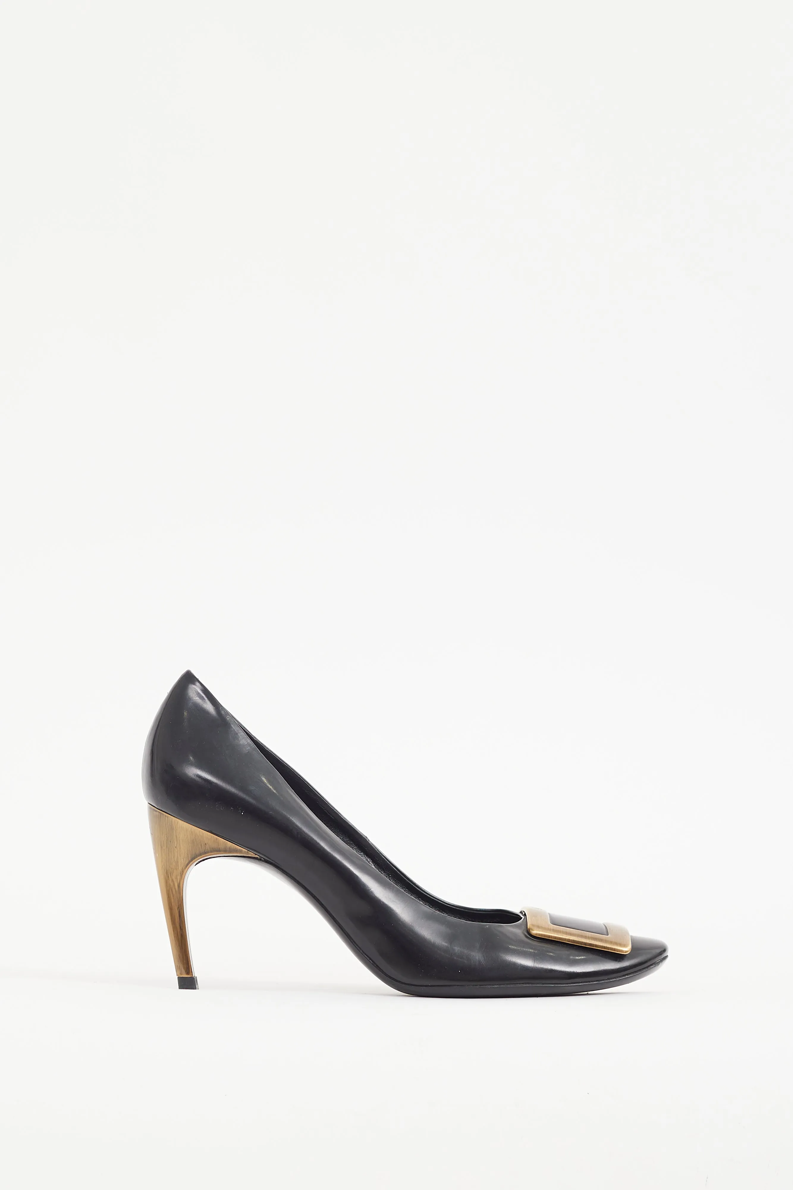 Black & Gold Buckle Leather Trompette Pump
