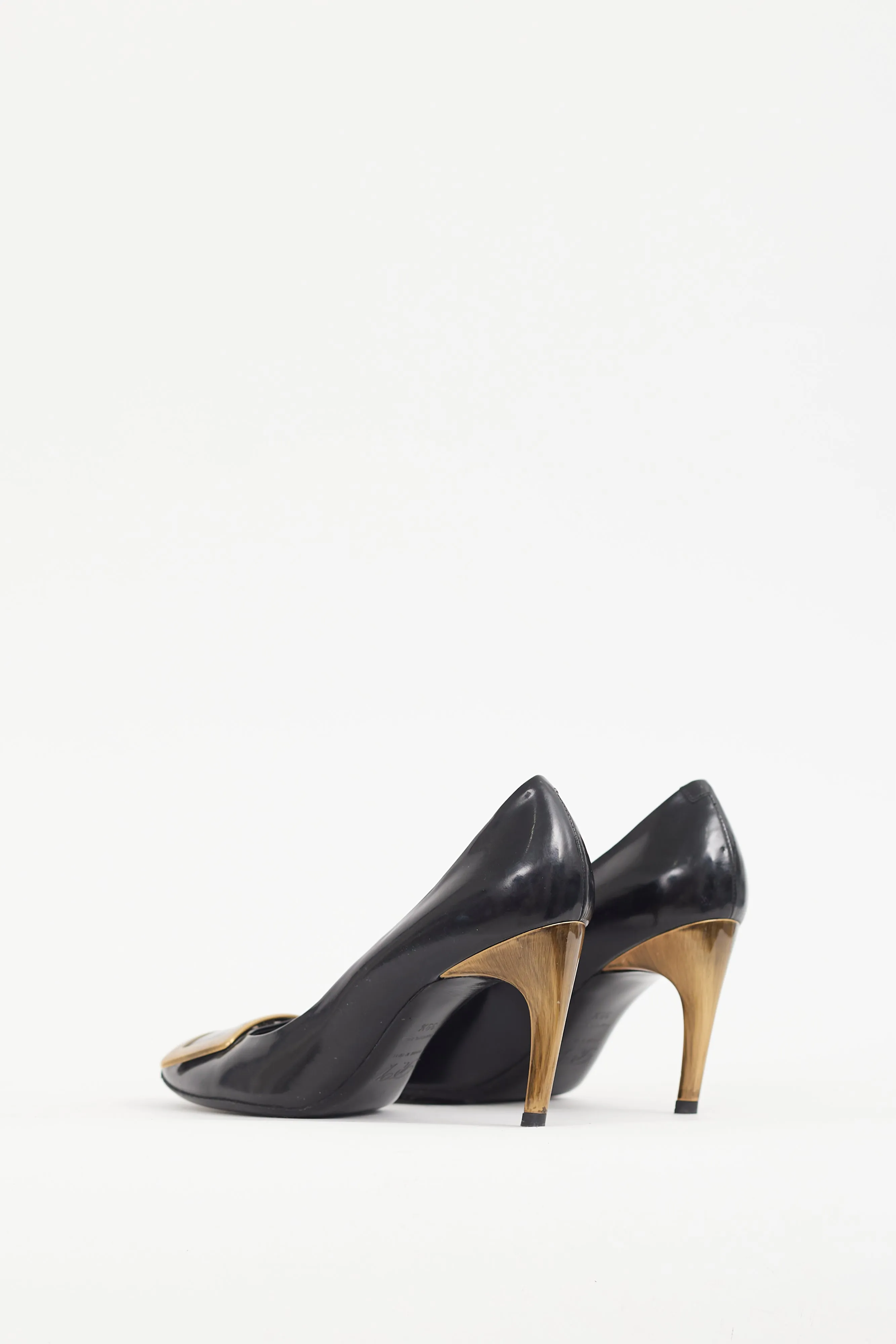 Black & Gold Buckle Leather Trompette Pump