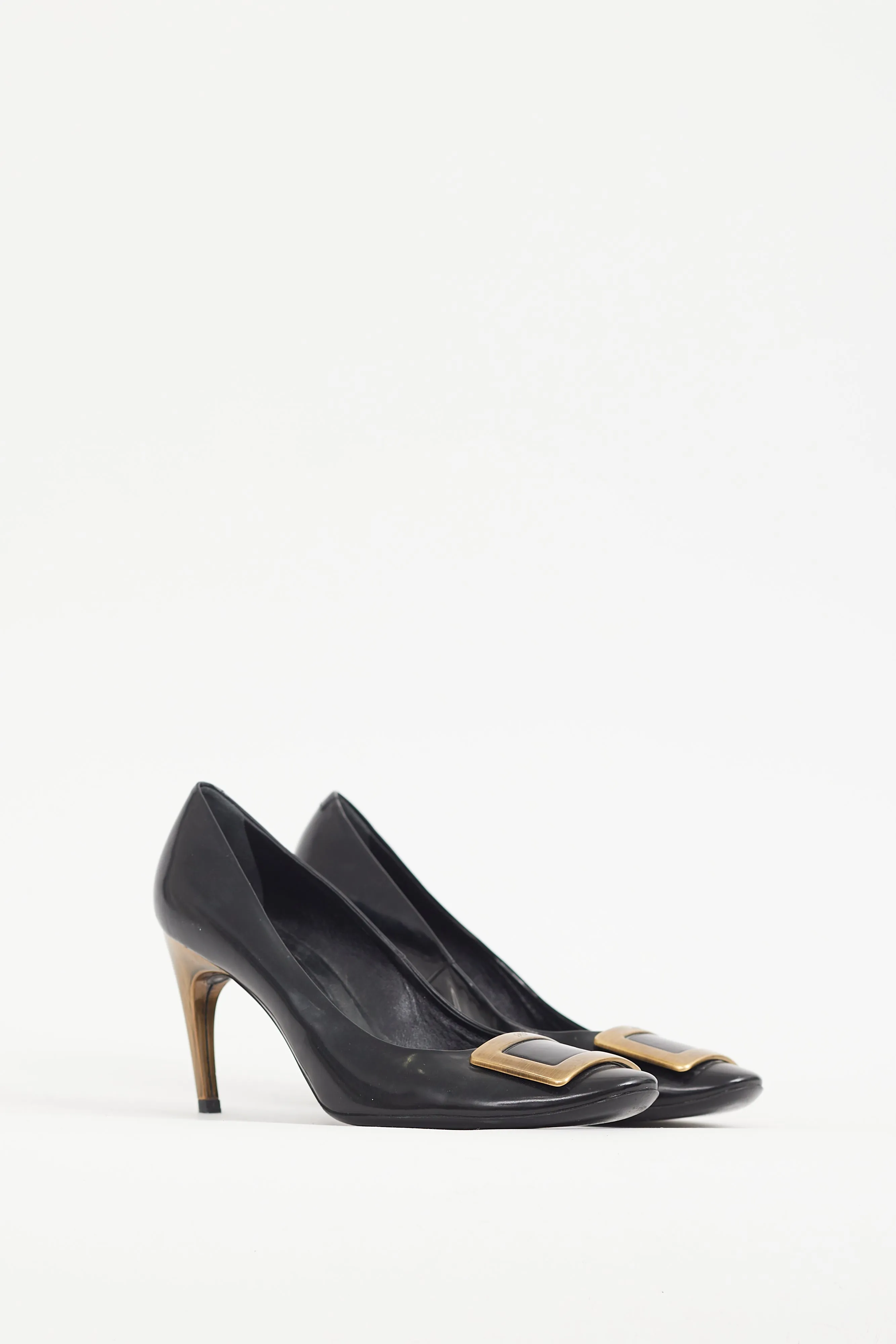 Black & Gold Buckle Leather Trompette Pump