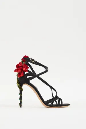 Black & Multicolour Strappy Flower Applique Heel