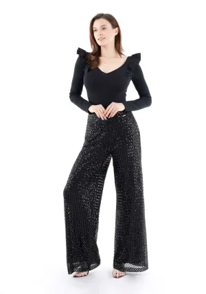 Black Cube Patterned Sequin Pants - G-Line