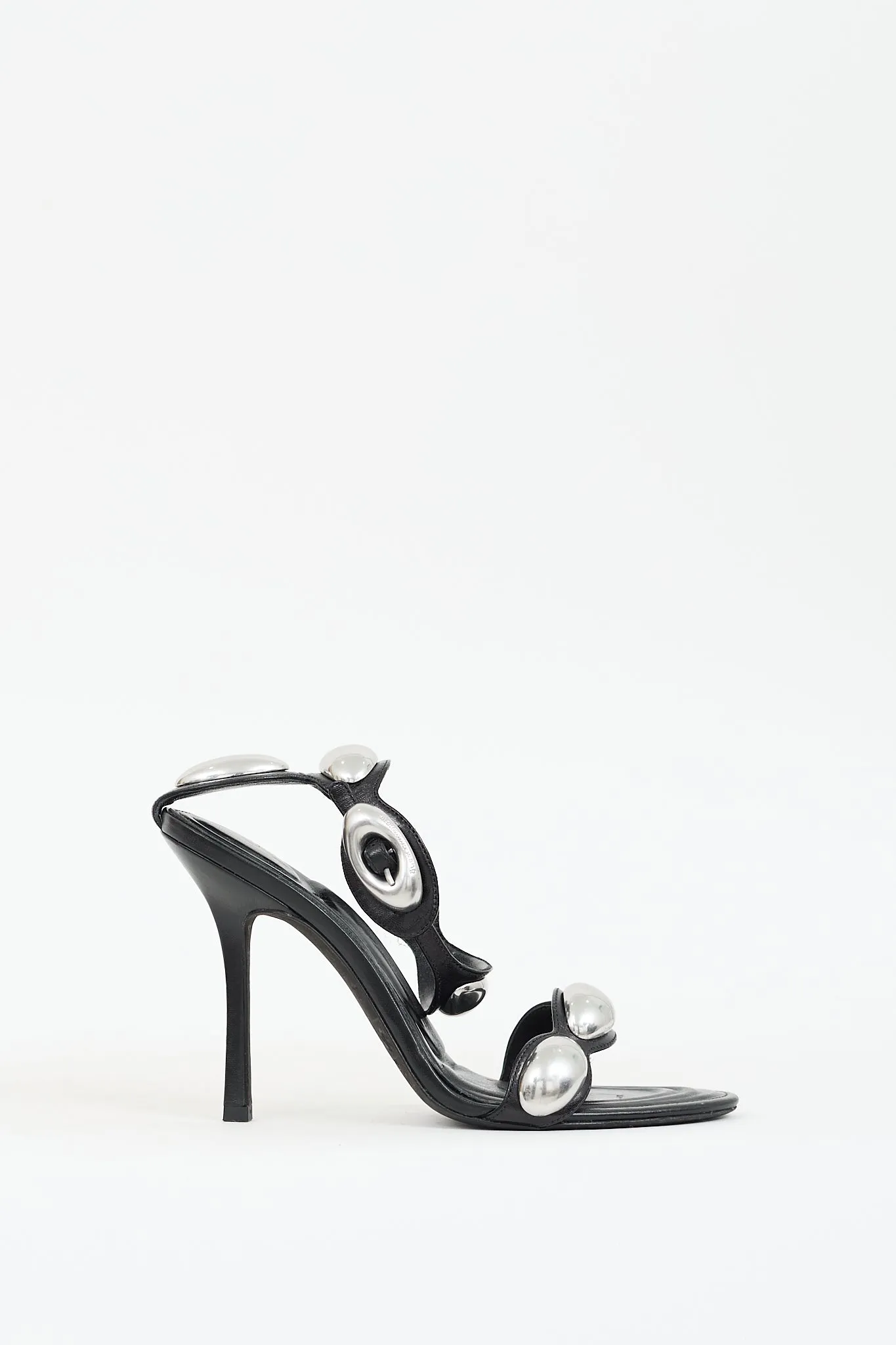 Black Leather Dome Embellished Heel