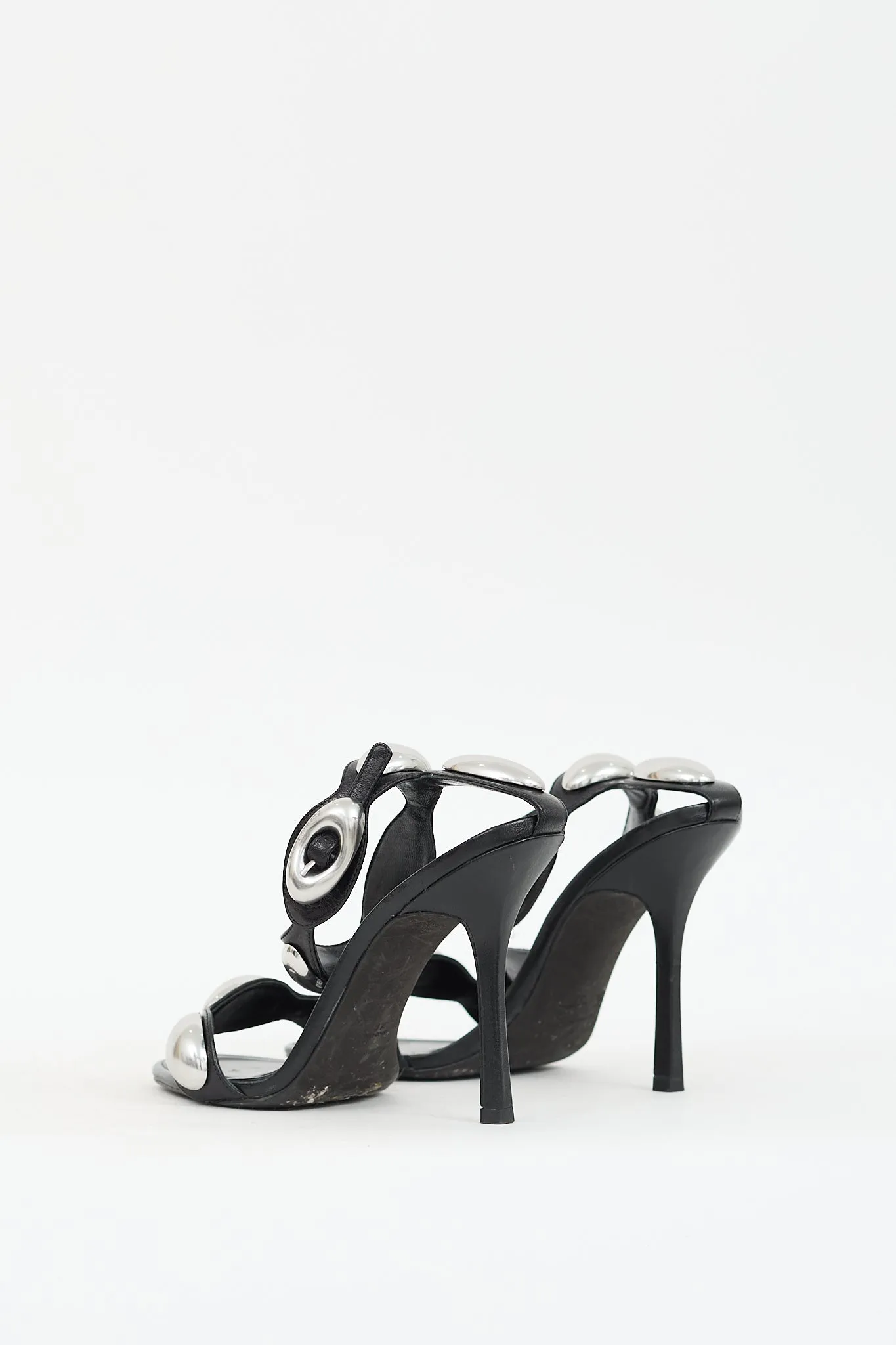 Black Leather Dome Embellished Heel