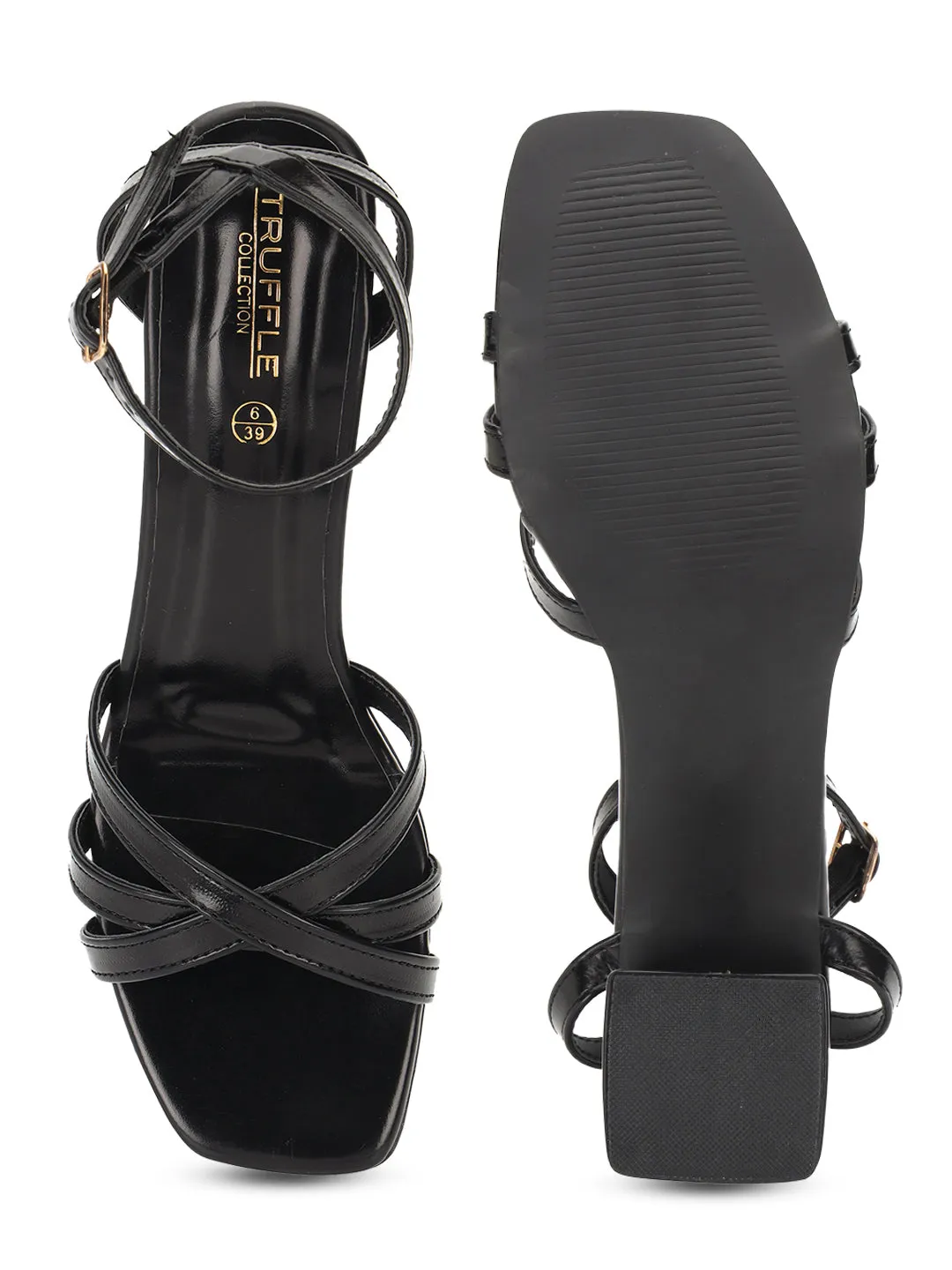 Black PU Stylish Buckle Block Sandals (TC-NK-001-BLKMET)