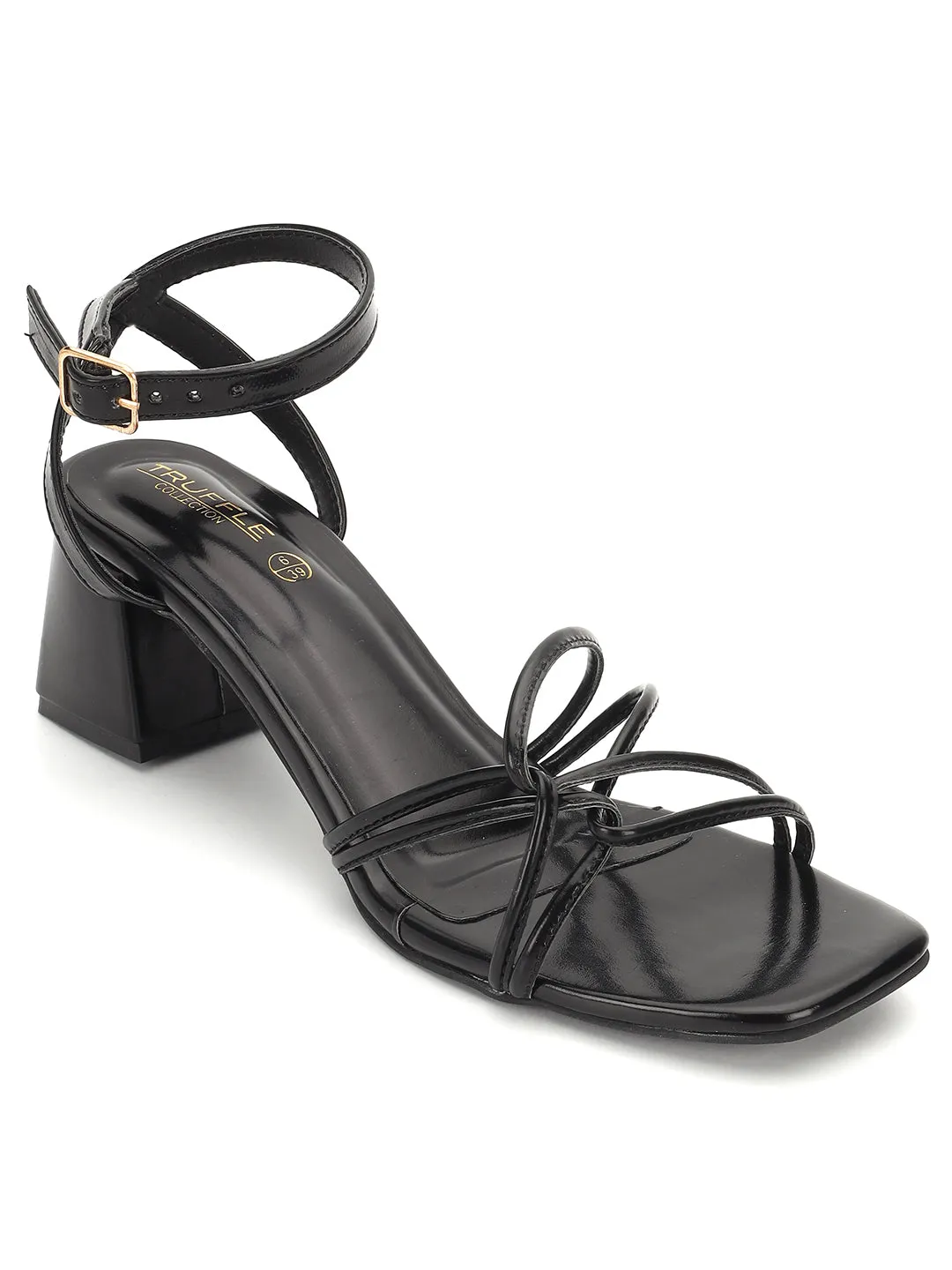 Black PU Stylish Buckle Block Sandals (TC-NK-002-BLKMET)