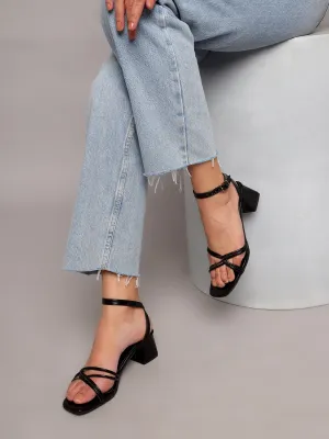 Black PU Stylish Buckle Block Sandals (TC-NK-002-BLKMET)