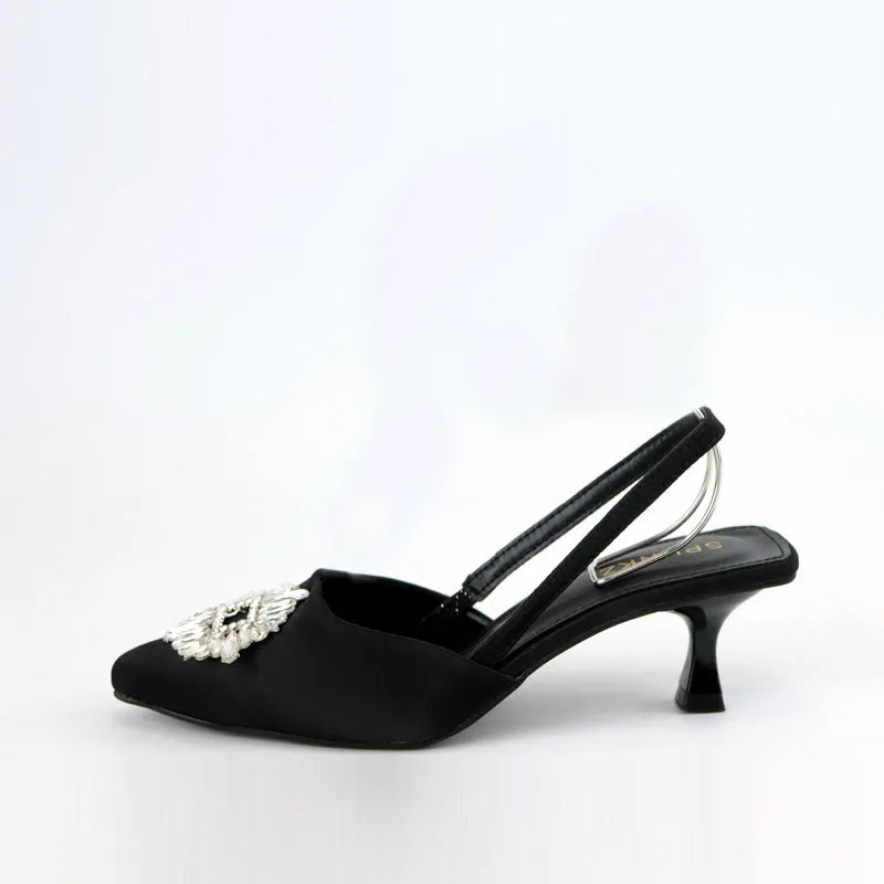 Black Rhinestone Buckle Satin Pumps #10398 #22
