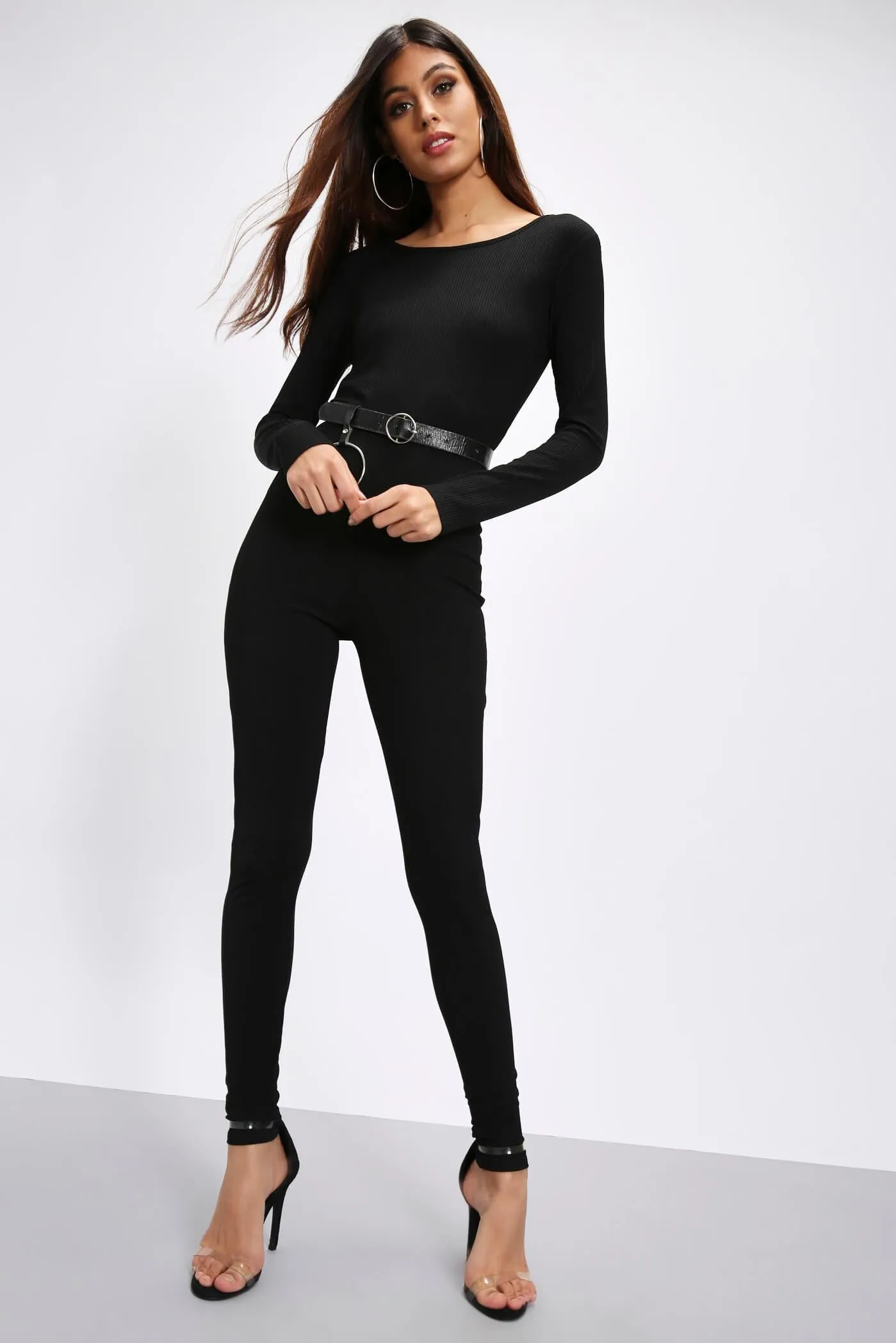 Black Shiny Rib Scoop Back Unitard
