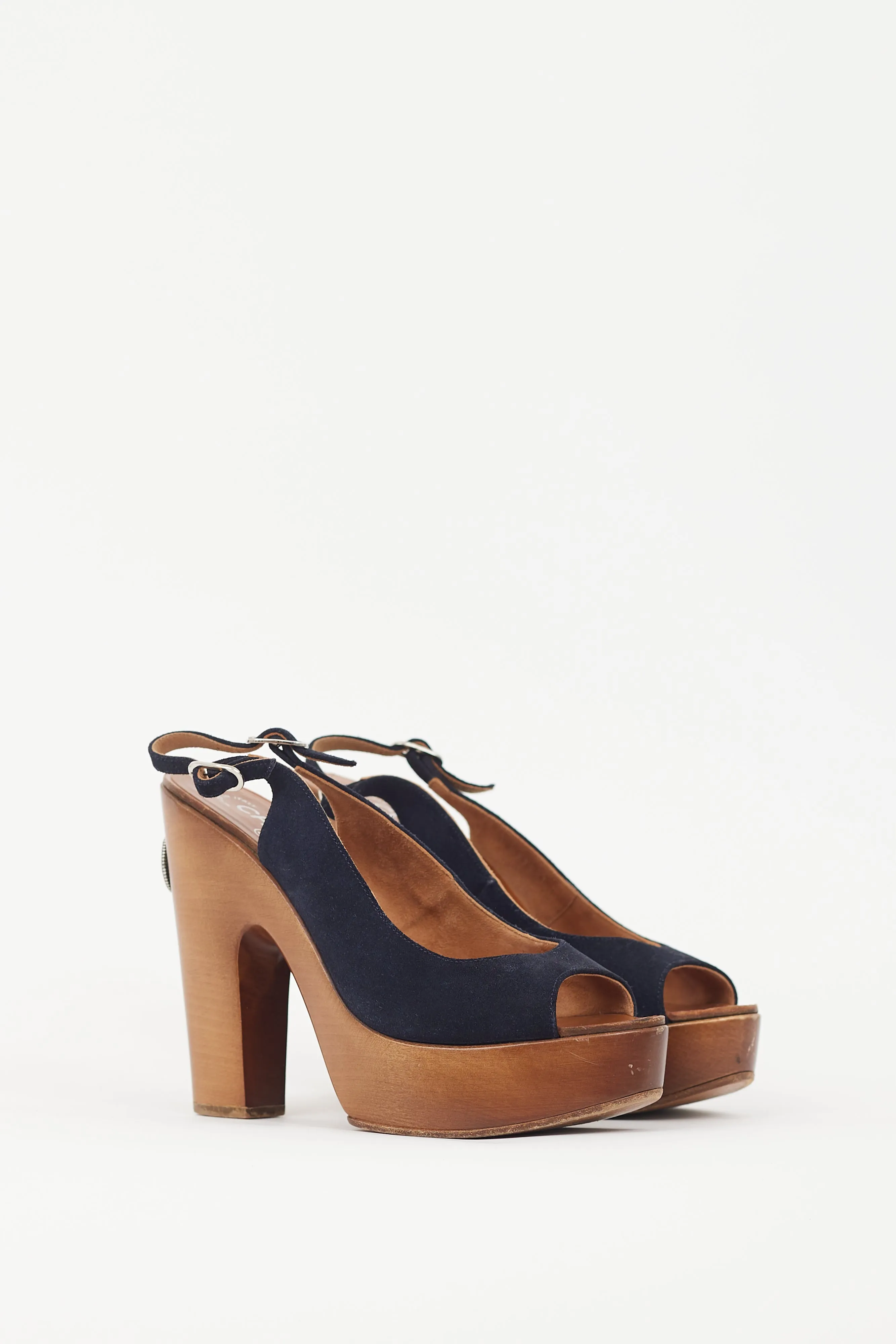 Black Suede & Wooden Platform CC Slingback Sandal