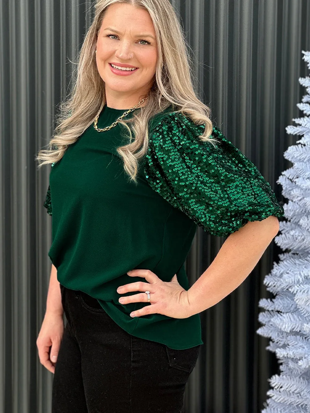 Blackish Green Plus Size Sequin Short Puff Sleeve Top