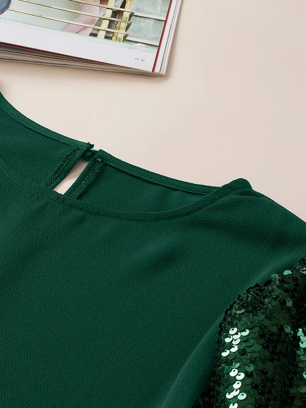 Blackish Green Plus Size Sequin Short Puff Sleeve Top