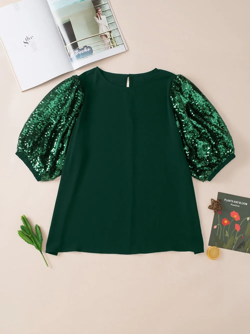 Blackish Green Plus Size Sequin Short Puff Sleeve Top