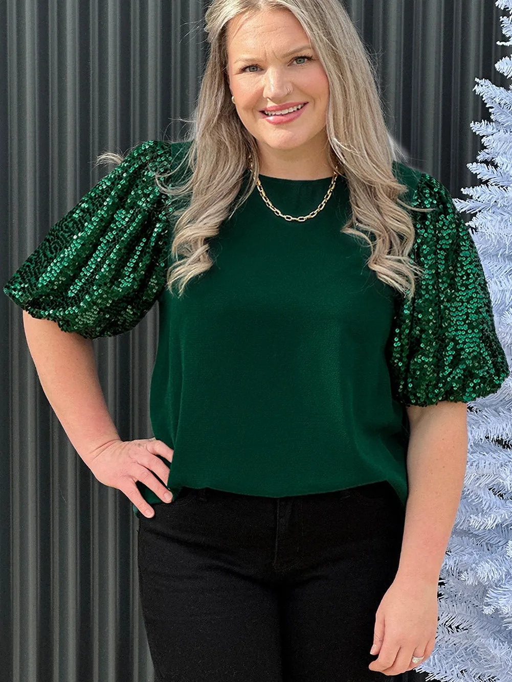 Blackish Green Plus Size Sequin Short Puff Sleeve Top