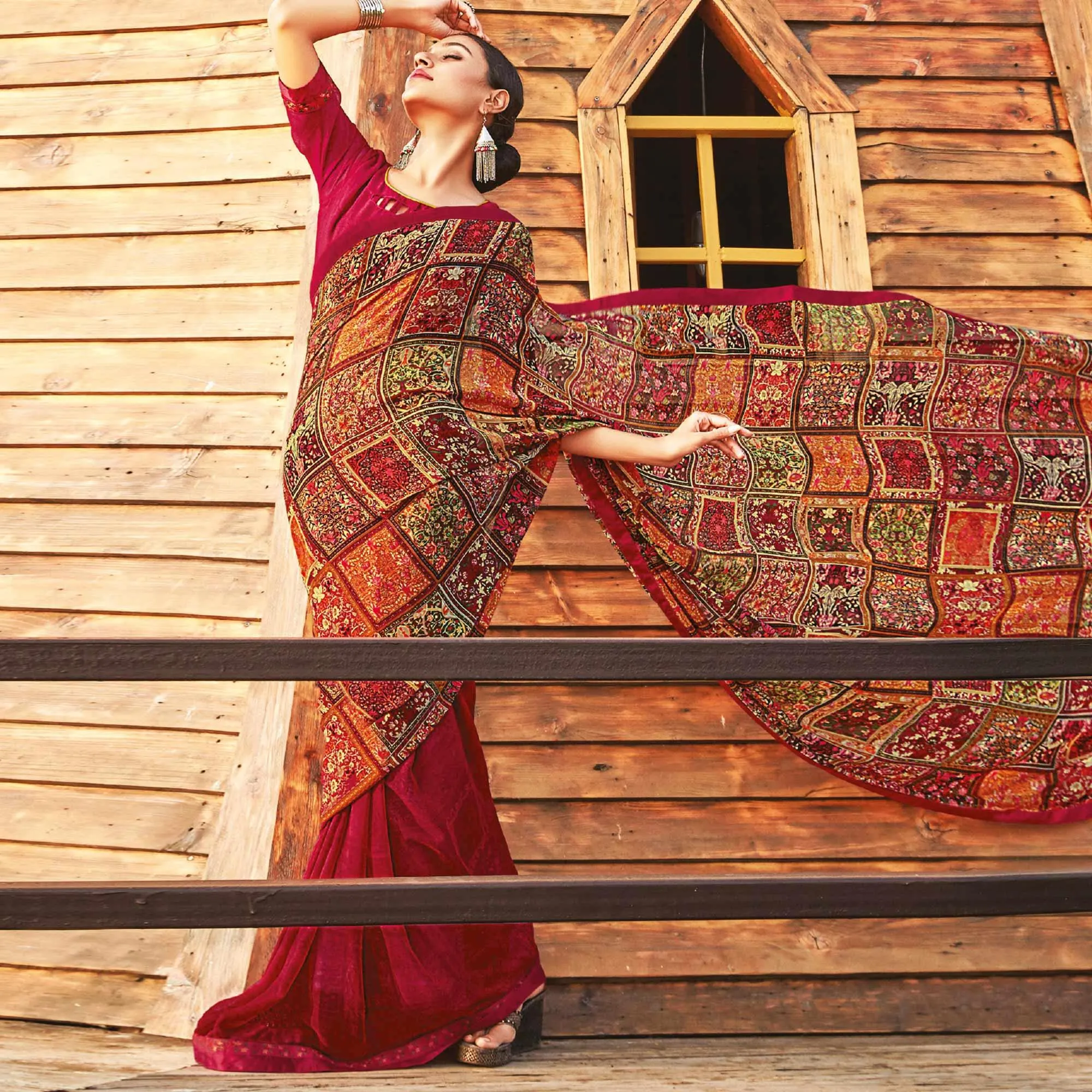 Blooming Pink Coloured Partywear Pure Georgette Floral Printed Saree With Fancy Lace Border