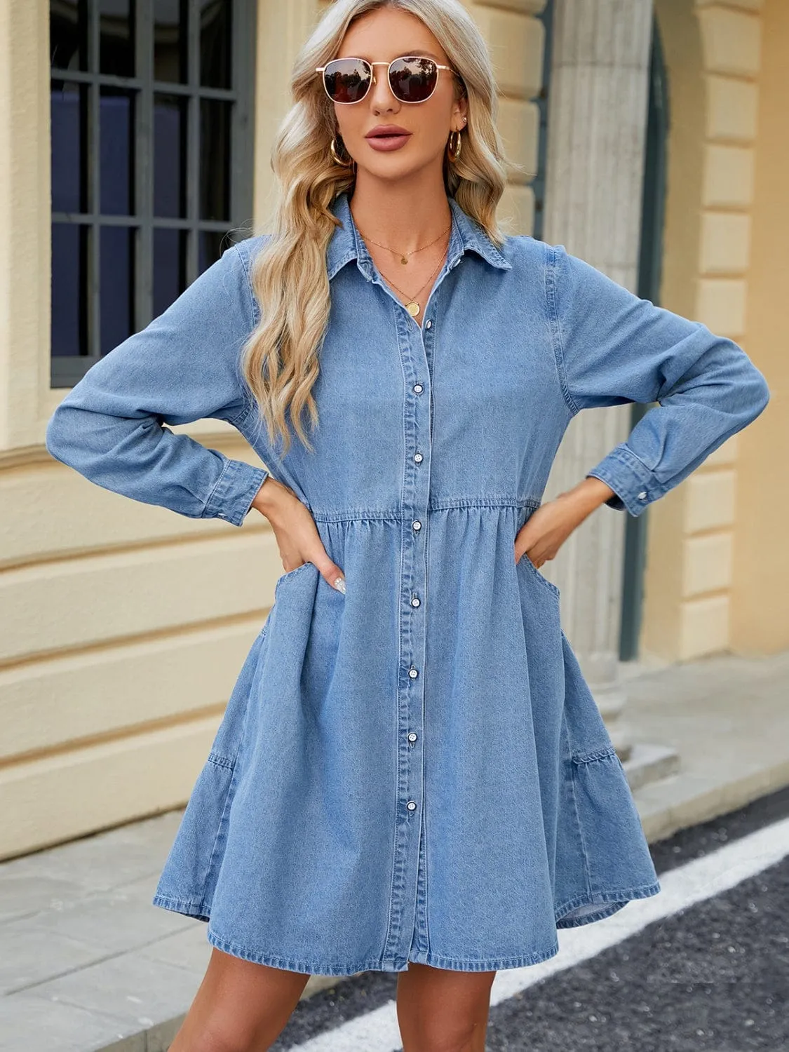 Blue Denim Tiered Button Up Long Sleeve Dress