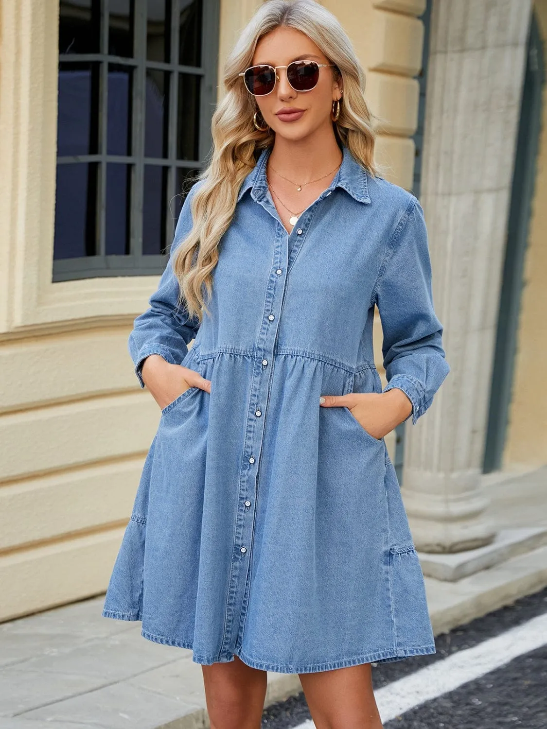 Blue Denim Tiered Button Up Long Sleeve Dress
