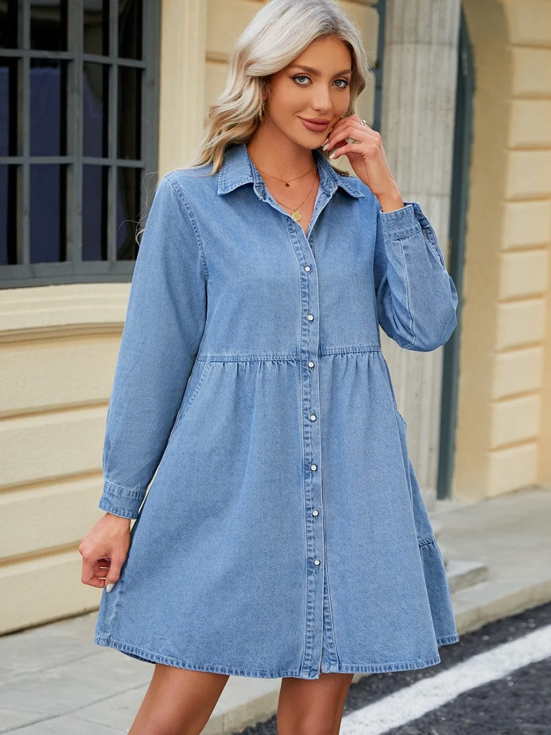 Blue Denim Tiered Button Up Long Sleeve Dress