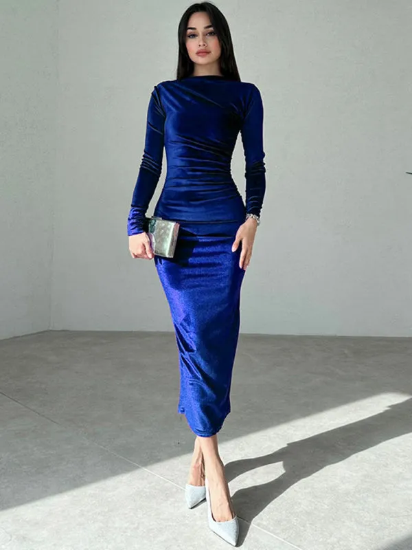 Blue Zone Planet |  Anna's Pleated Round Neck Long Sleeve Bodycon Midi Dress