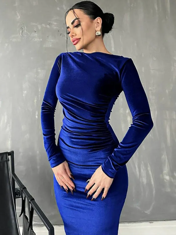 Blue Zone Planet |  Anna's Pleated Round Neck Long Sleeve Bodycon Midi Dress