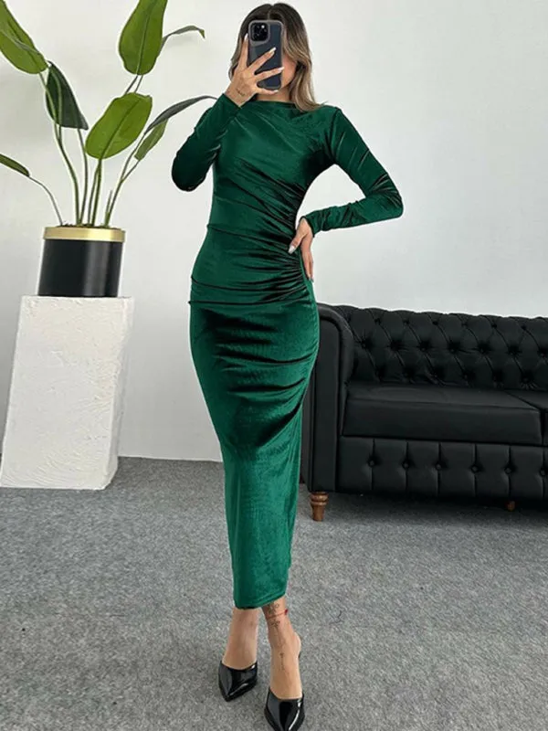 Blue Zone Planet |  Anna's Pleated Round Neck Long Sleeve Bodycon Midi Dress