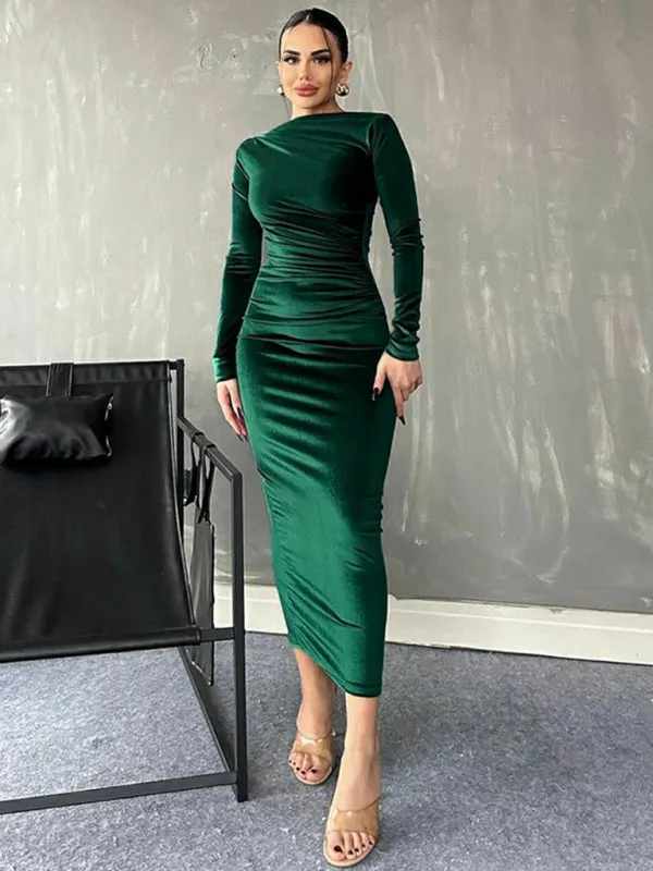 Blue Zone Planet |  Anna's Pleated Round Neck Long Sleeve Bodycon Midi Dress