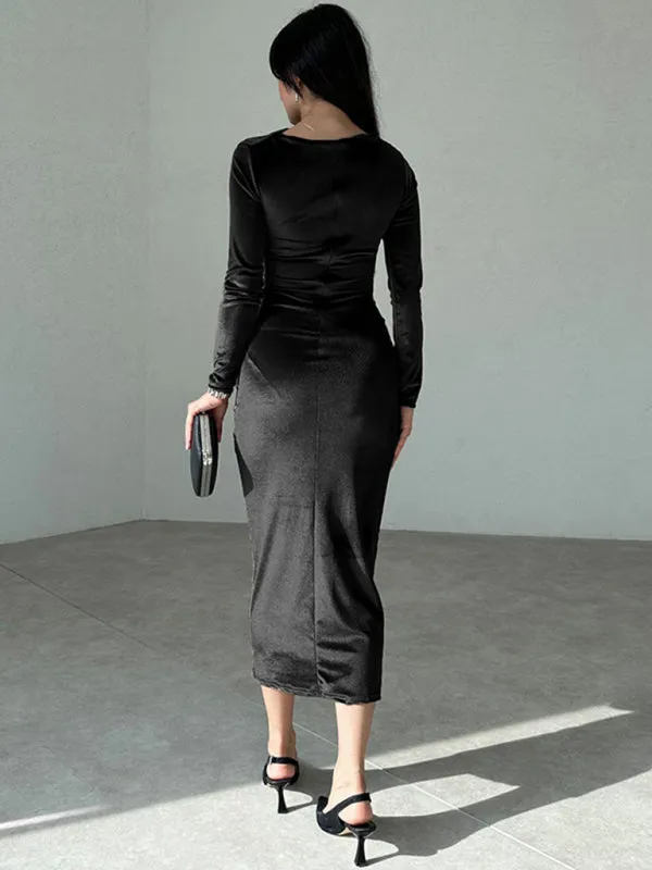 Blue Zone Planet |  Anna's Pleated Round Neck Long Sleeve Bodycon Midi Dress