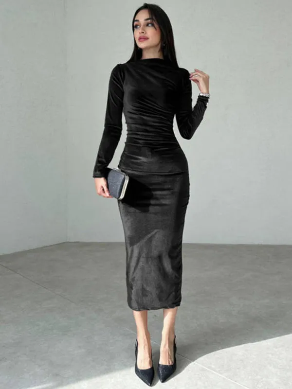 Blue Zone Planet |  Anna's Pleated Round Neck Long Sleeve Bodycon Midi Dress