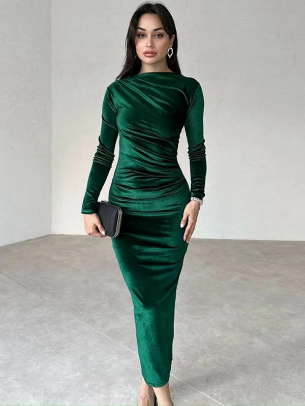 Blue Zone Planet |  Anna's Pleated Round Neck Long Sleeve Bodycon Midi Dress