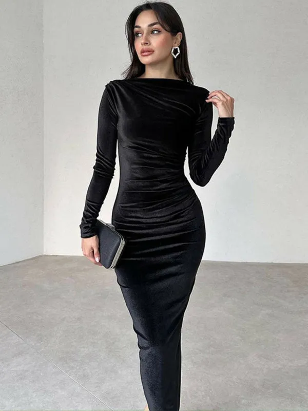 Blue Zone Planet |  Anna's Pleated Round Neck Long Sleeve Bodycon Midi Dress