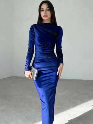 Blue Zone Planet |  Anna's Pleated Round Neck Long Sleeve Bodycon Midi Dress