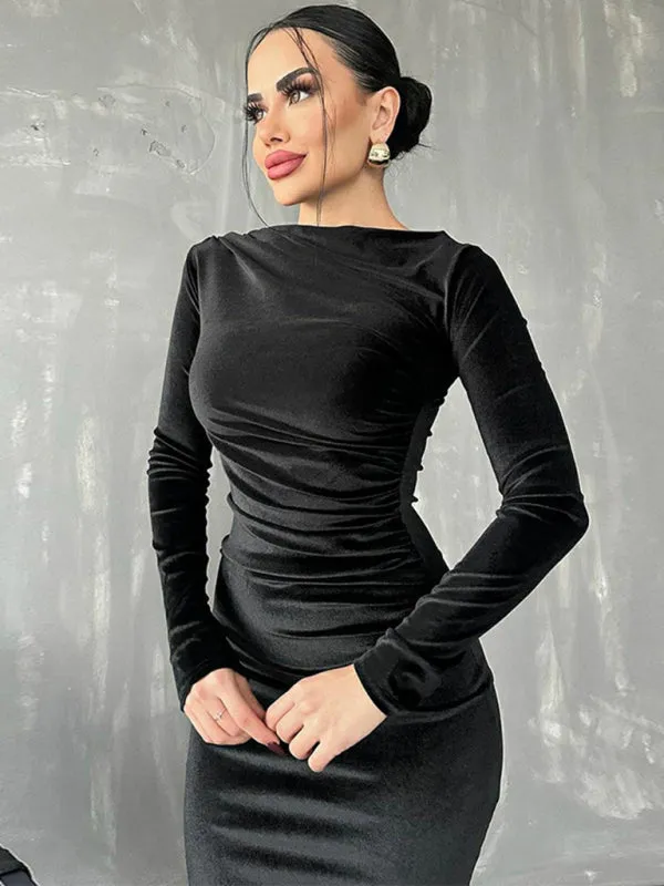 Blue Zone Planet |  Anna's Pleated Round Neck Long Sleeve Bodycon Midi Dress