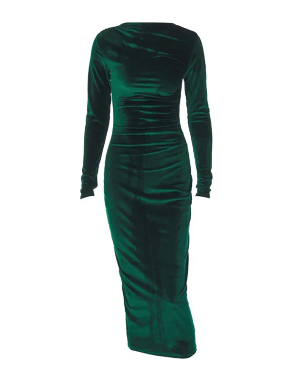 Blue Zone Planet |  Anna's Pleated Round Neck Long Sleeve Bodycon Midi Dress