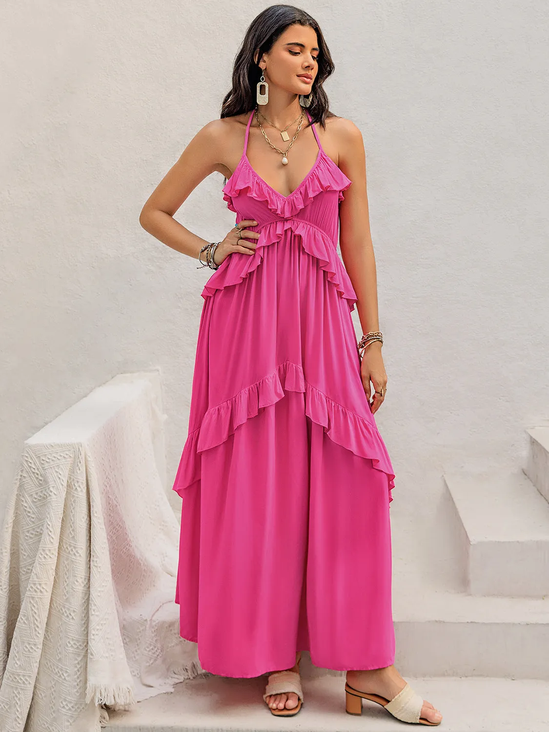 Blue Zone Planet |  Anna's Ruffled Halter Neck Sleeveless Maxi Dress