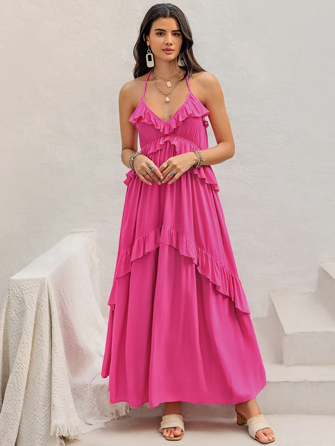 Blue Zone Planet |  Anna's Ruffled Halter Neck Sleeveless Maxi Dress