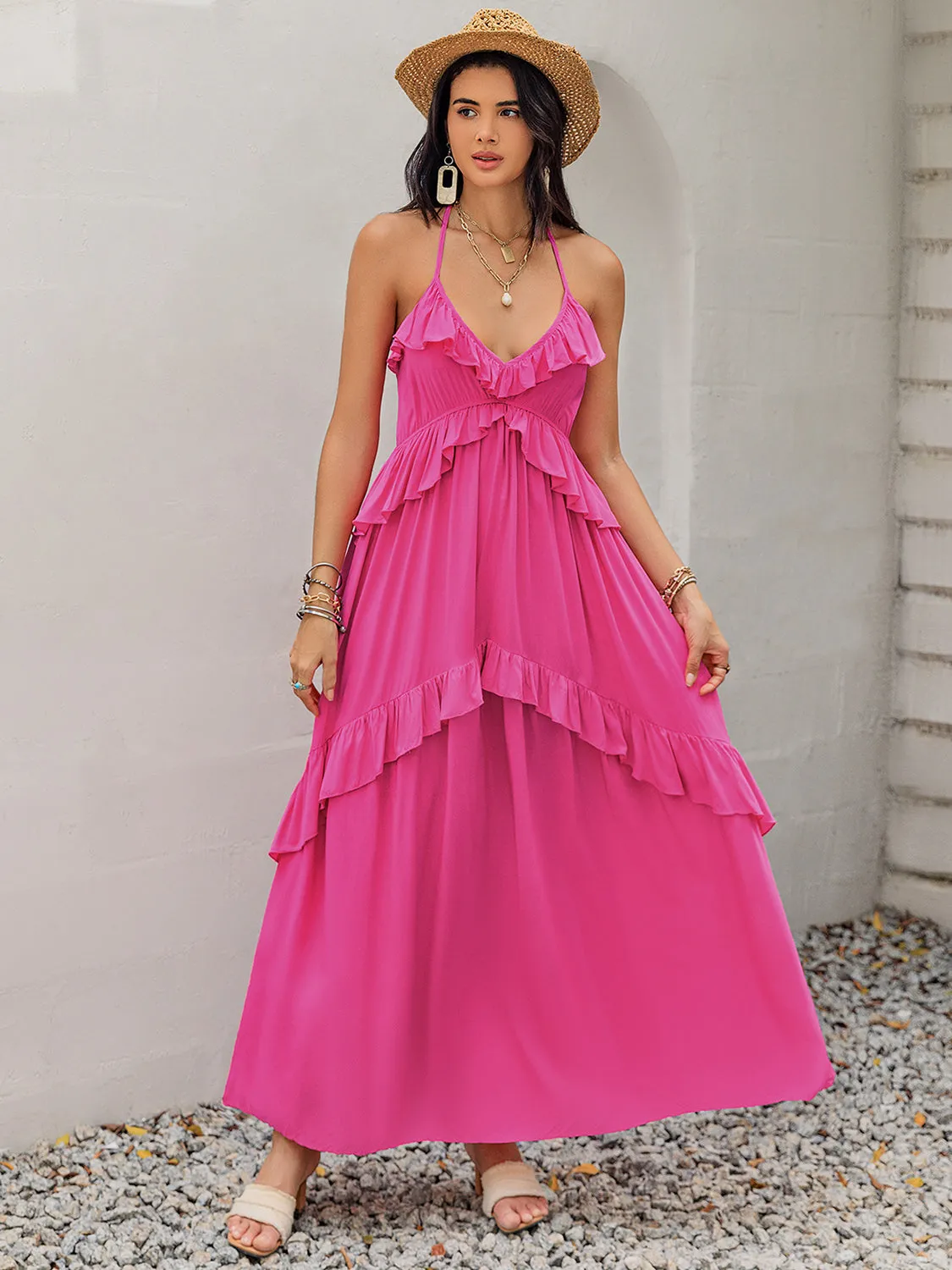 Blue Zone Planet |  Anna's Ruffled Halter Neck Sleeveless Maxi Dress