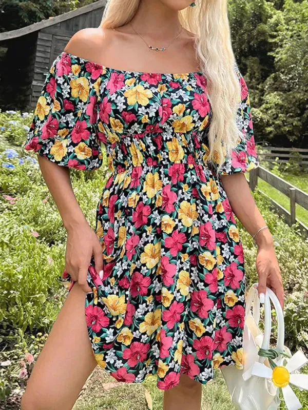 Blue Zone Planet |  Aria's Hibiscus Floral Print Off-Shoulder Ruffle Mini Dress