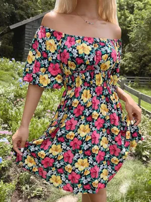 Blue Zone Planet |  Aria's Hibiscus Floral Print Off-Shoulder Ruffle Mini Dress