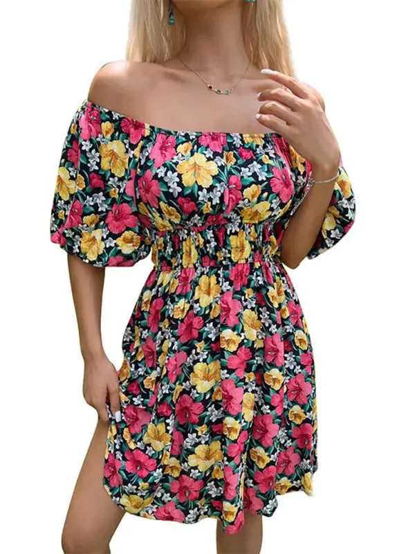 Blue Zone Planet |  Aria's Hibiscus Floral Print Off-Shoulder Ruffle Mini Dress