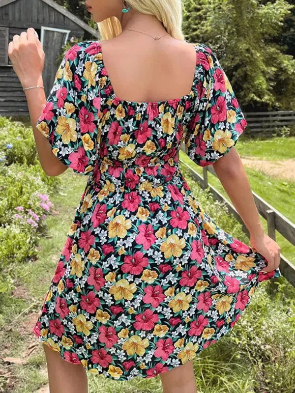 Blue Zone Planet |  Aria's Hibiscus Floral Print Off-Shoulder Ruffle Mini Dress