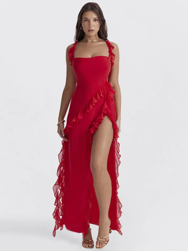 Blue Zone Planet |  Ava's High Slit Ruffle Bodycon Sling Floor-Length Dress