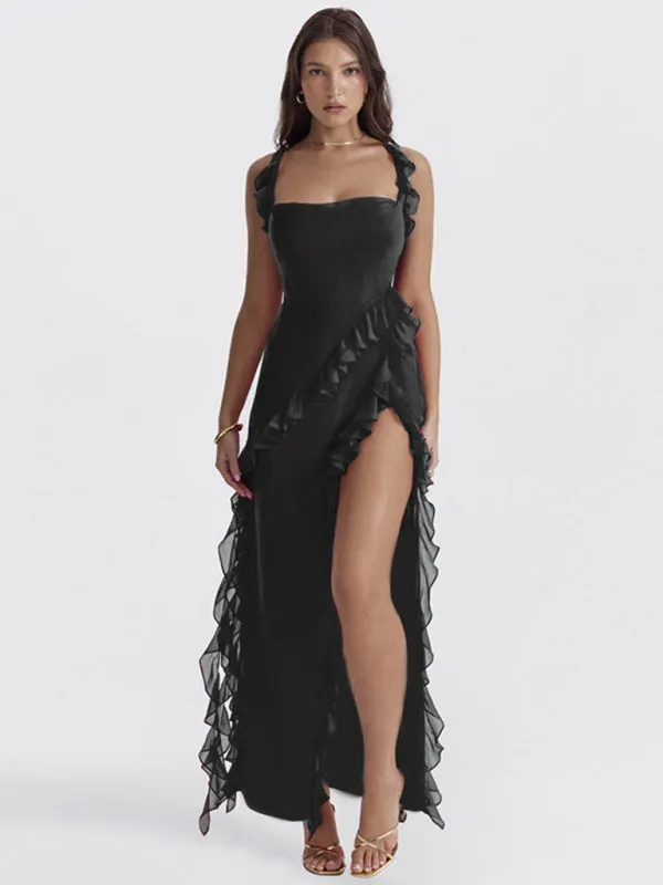 Blue Zone Planet |  Ava's High Slit Ruffle Bodycon Sling Floor-Length Dress